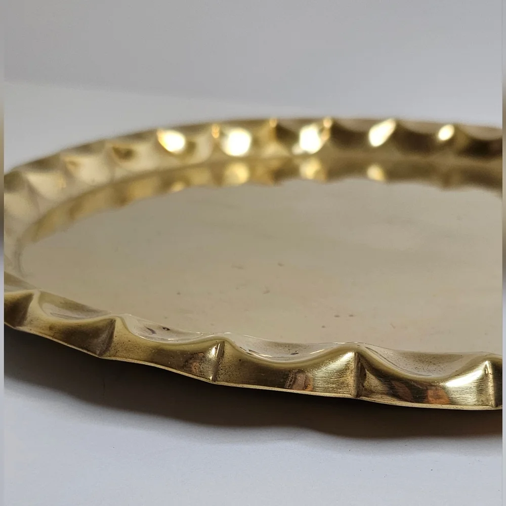 Vintage Moroccan Handmade Brass Tray Plate Morocco Scalloped Edge